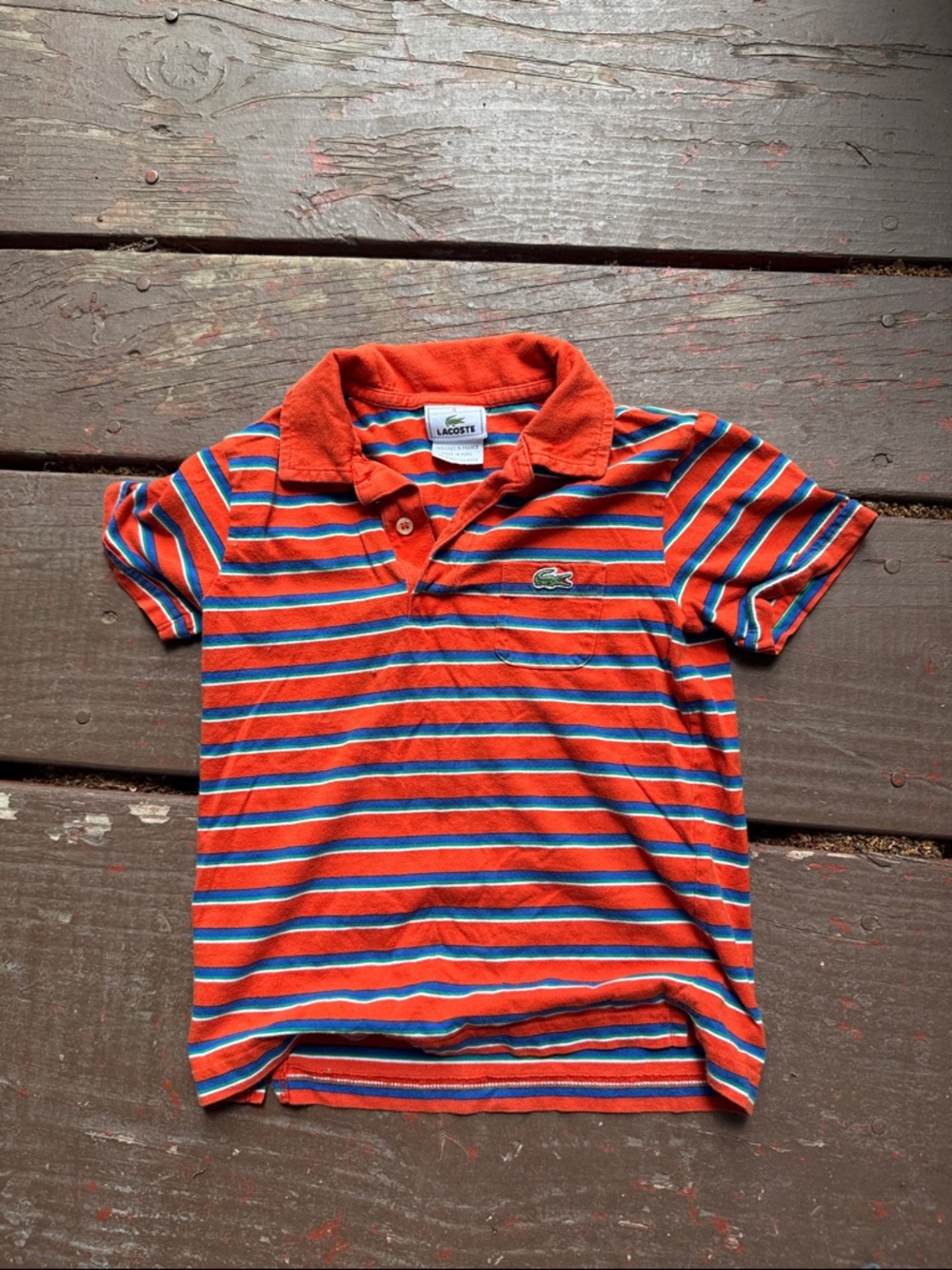 Lacoste Kids Red Orange Striped Polo with Blue & White Accents
